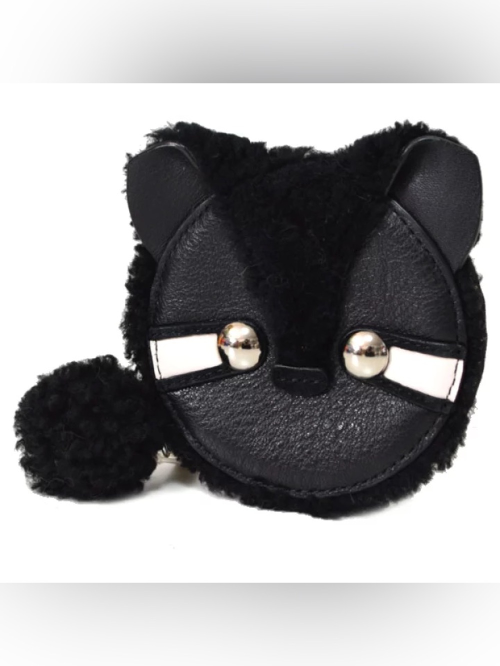 Coach Raccoon Black Pebbled Leather & Shearling Pom Pom Tail Coin Purse
